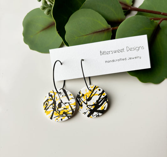 Black and Yellow Splatter Print: Circle Hoops